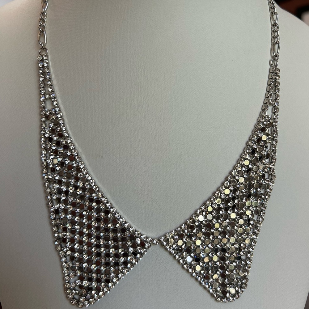 Crystal Collar Statement Necklace - Silver Tone